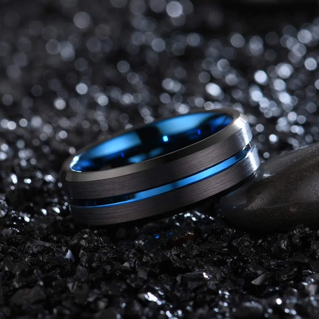 8mm Tungsten Wedding Bands for Men Custom Engraved Ring Promise Ring For Him Black Blue Centre Groove Rings Comfort Fit 6-15
