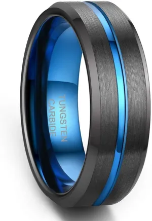 8mm Tungsten Wedding Bands for Men Custom Engraved Ring Promise Ring For Him Black Blue Centre Groove Rings Comfort Fit 6-15