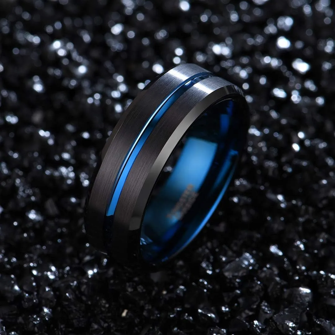 8mm Tungsten Wedding Bands for Men Custom Engraved Ring Promise Ring For Him Black Blue Centre Groove Rings Comfort Fit 6-15