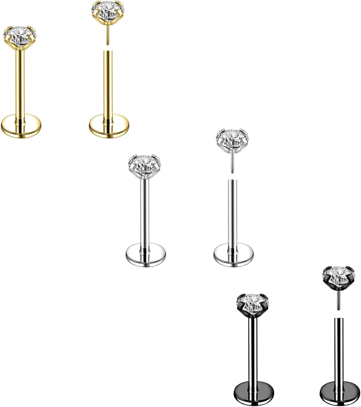 8Pcs 20G 18G Threadless Push in Nose Stud Rings for Women Men Stainless Steel Nose Studs Nostril Piercing Jewelry CZ Nose Rings Studs 1.5MM 2MM 2.5MM 3MM Black Silver Gold