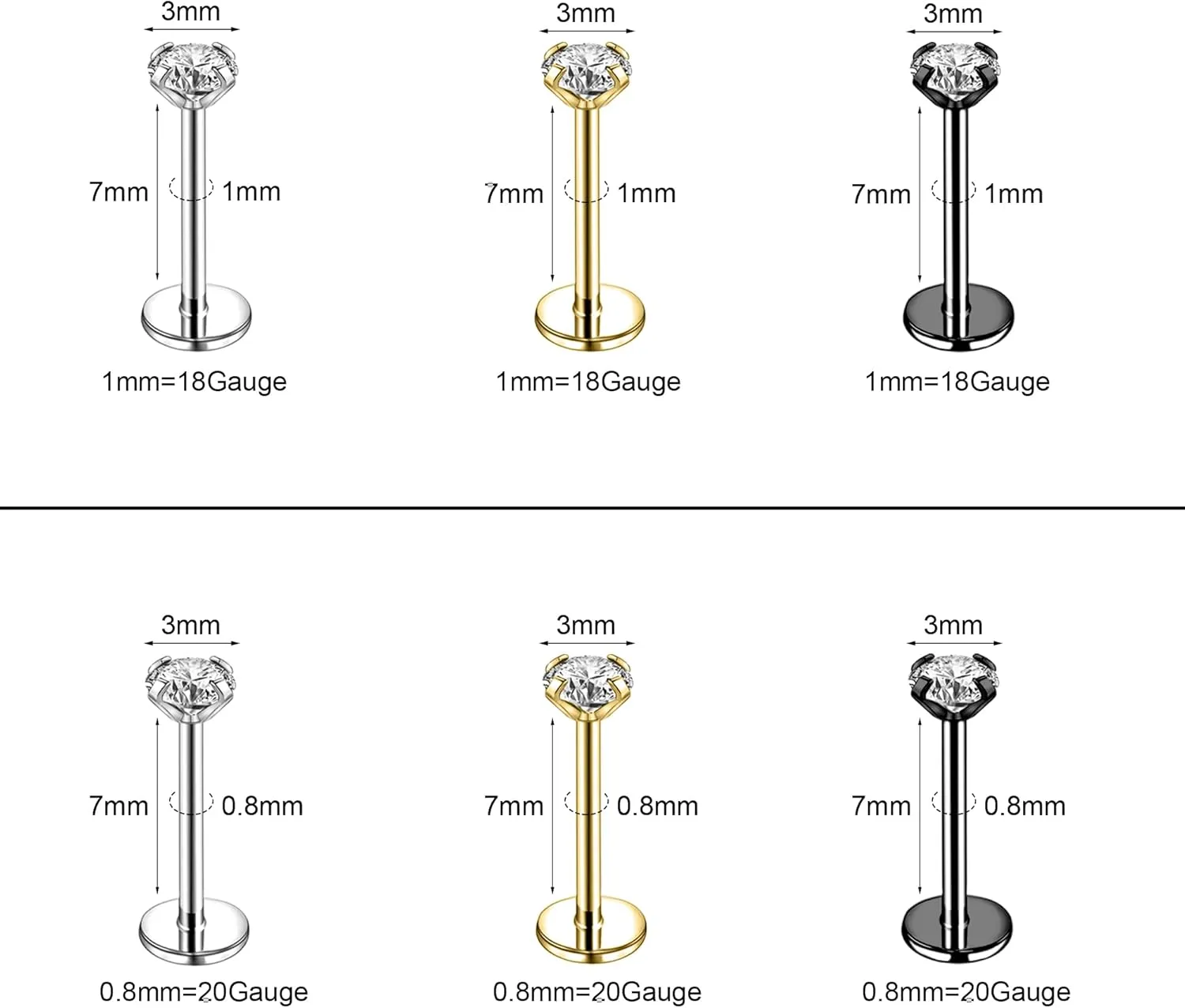 8Pcs 20G 18G Threadless Push in Nose Stud Rings for Women Men Stainless Steel Nose Studs Nostril Piercing Jewelry CZ Nose Rings Studs 1.5MM 2MM 2.5MM 3MM Black Silver Gold