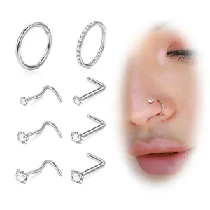 8PCS Nose Stud Titanium Nose Ring, Silver Nose Rings for Women Men Hypoallergenic Nose Hoops L Shape Nose Studs Corkscrew CZ Nose Piercing Jewelry 18G & 20G Nose Rings Studs 2/2.5/3mm
