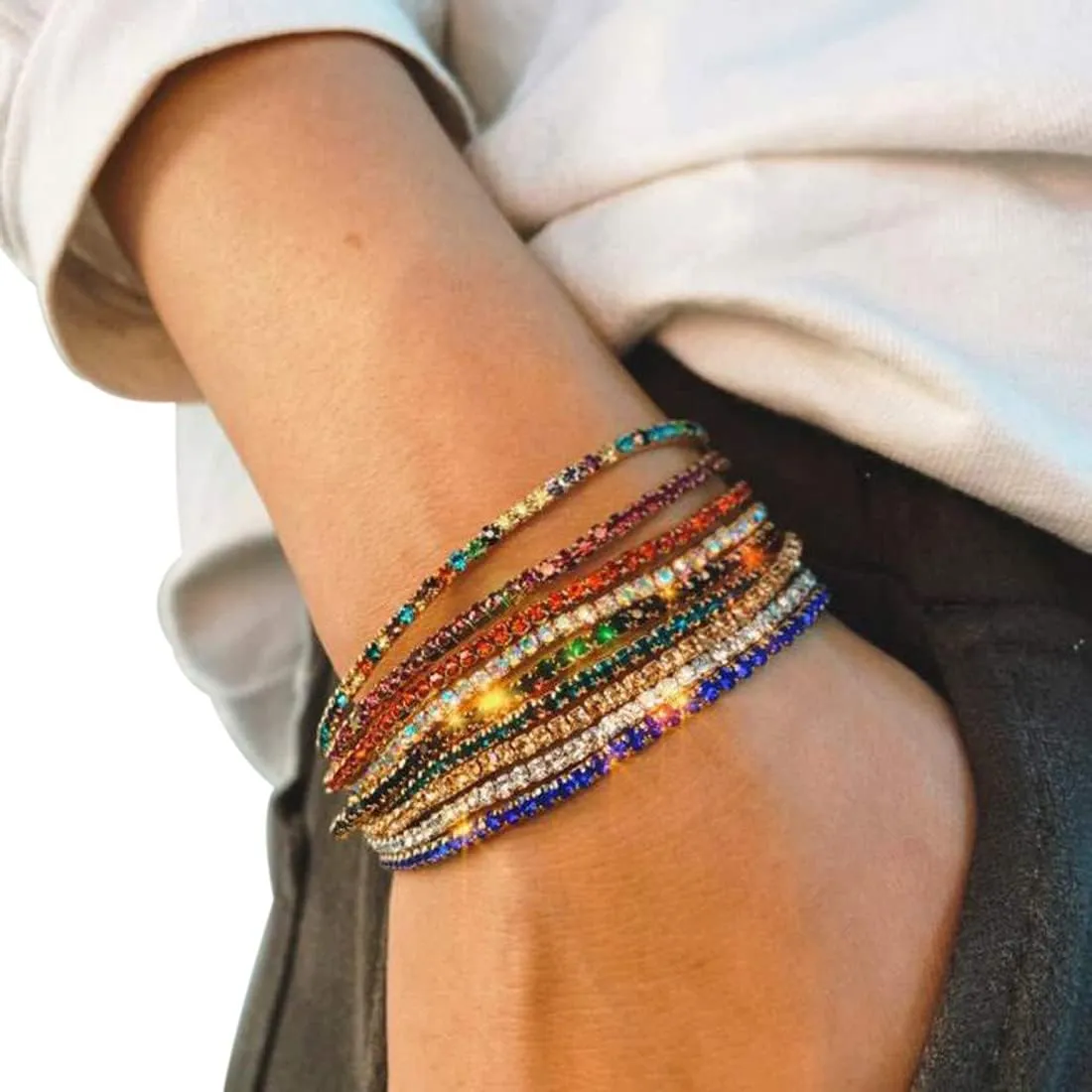 8PCS Women's Rhinestone Chain Bracelet Fashion Crystal Tennis Stretch Strand Bracelet Party Jewelry