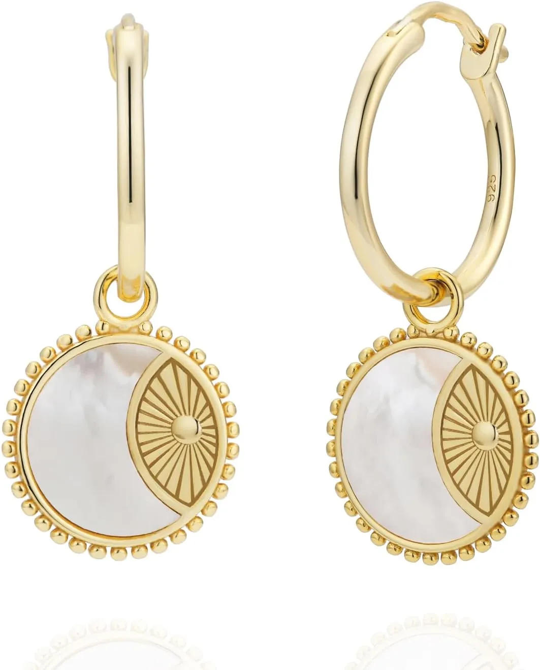 925 Sterling Silver 14K Gold Plated Mother of Pearl Solar Moon Hoop Earrings