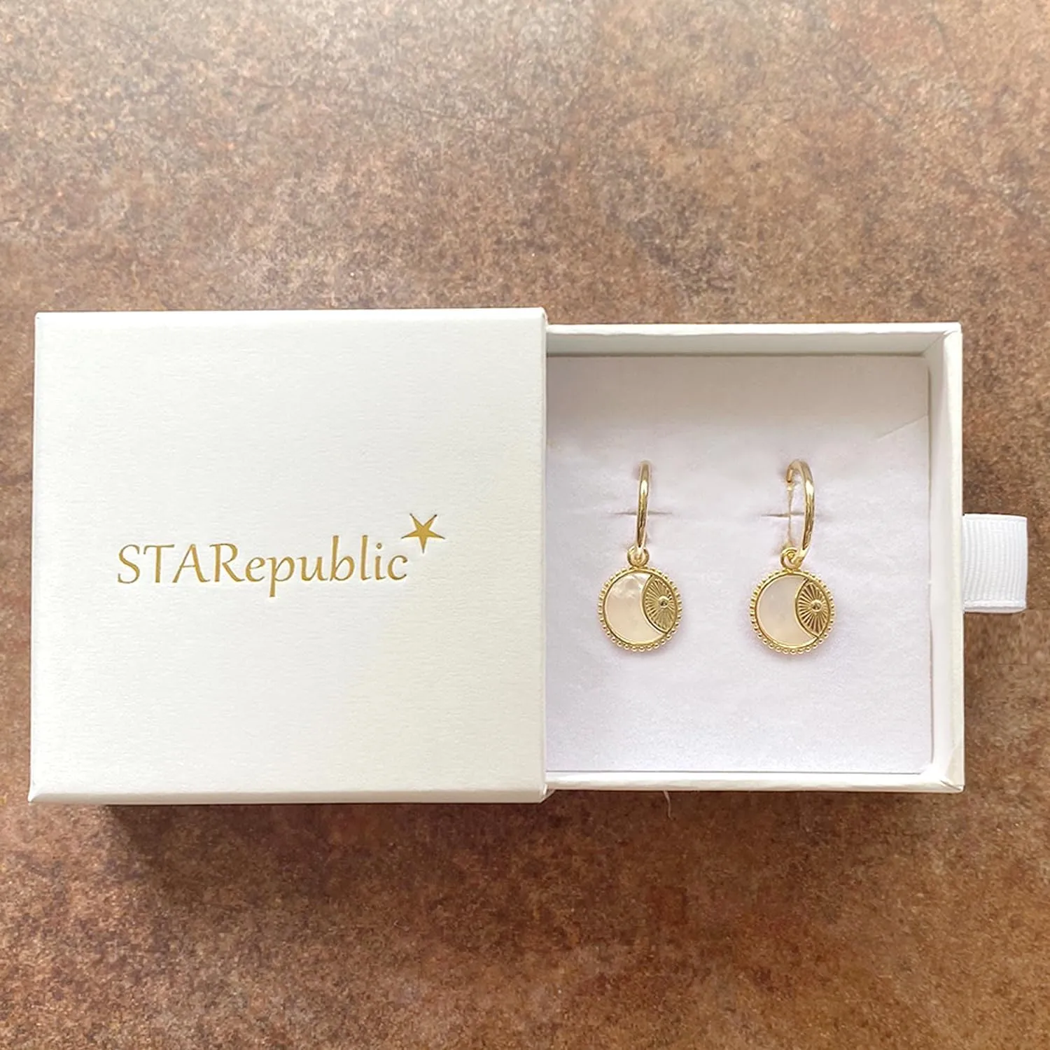 925 Sterling Silver 14K Gold Plated Mother of Pearl Solar Moon Hoop Earrings