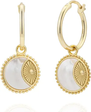 925 Sterling Silver 14K Gold Plated Mother of Pearl Solar Moon Hoop Earrings