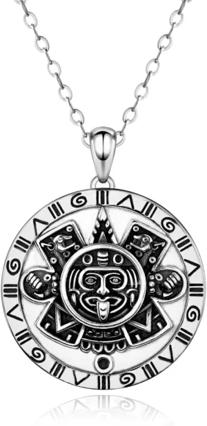 925 Sterling Silver Aztec Necklace - Round Aztec Mayan Calendar Charm Pendant Mayan Jewelry Gifts for Women Men