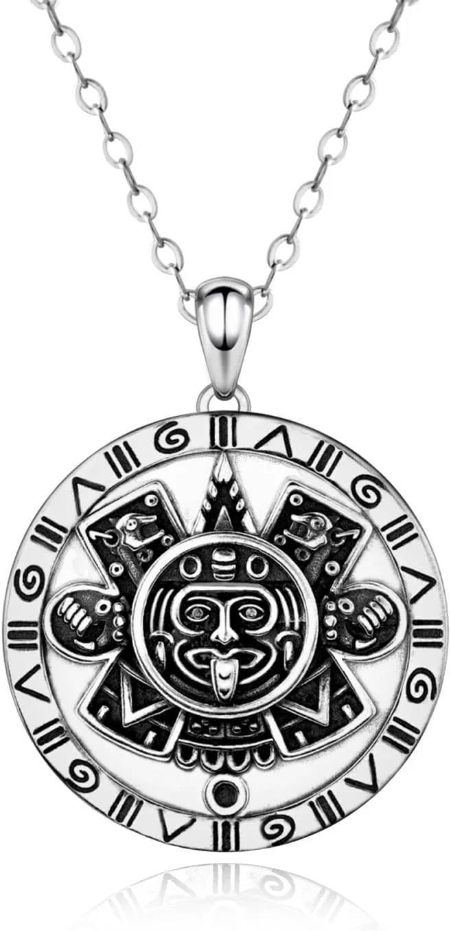 925 Sterling Silver Aztec Necklace - Round Aztec Mayan Calendar Charm Pendant Mayan Jewelry Gifts for Women Men
