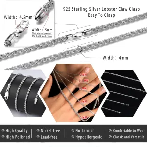 925 Sterling Silver Clasp Rope Chain 2/2.5/3/4/5mm Necklace for Men Silver Link Chain for Women 16-30 Inches