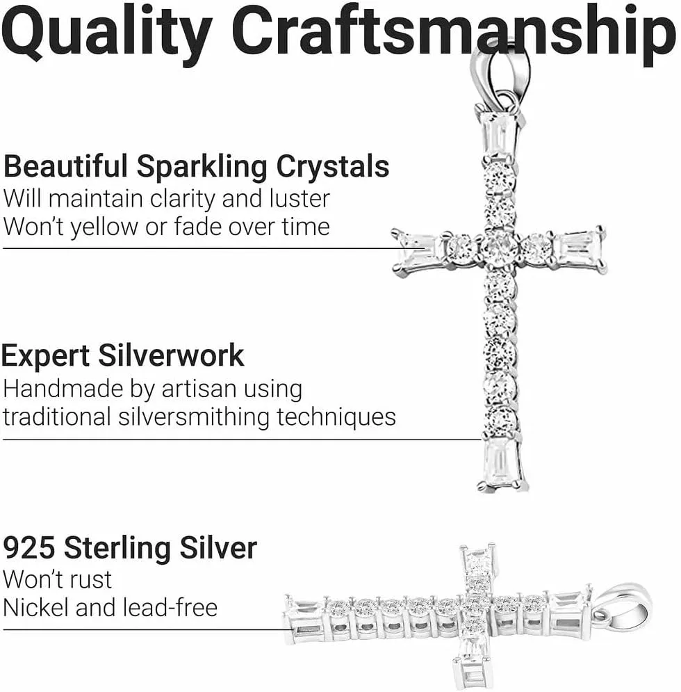 925 Sterling Silver Cross Pendant for Men & Women - Cubic Zirconia Cross Pendants Silver Cross Jewelry - Catholic Faith Religious Christian Birthday Gifts