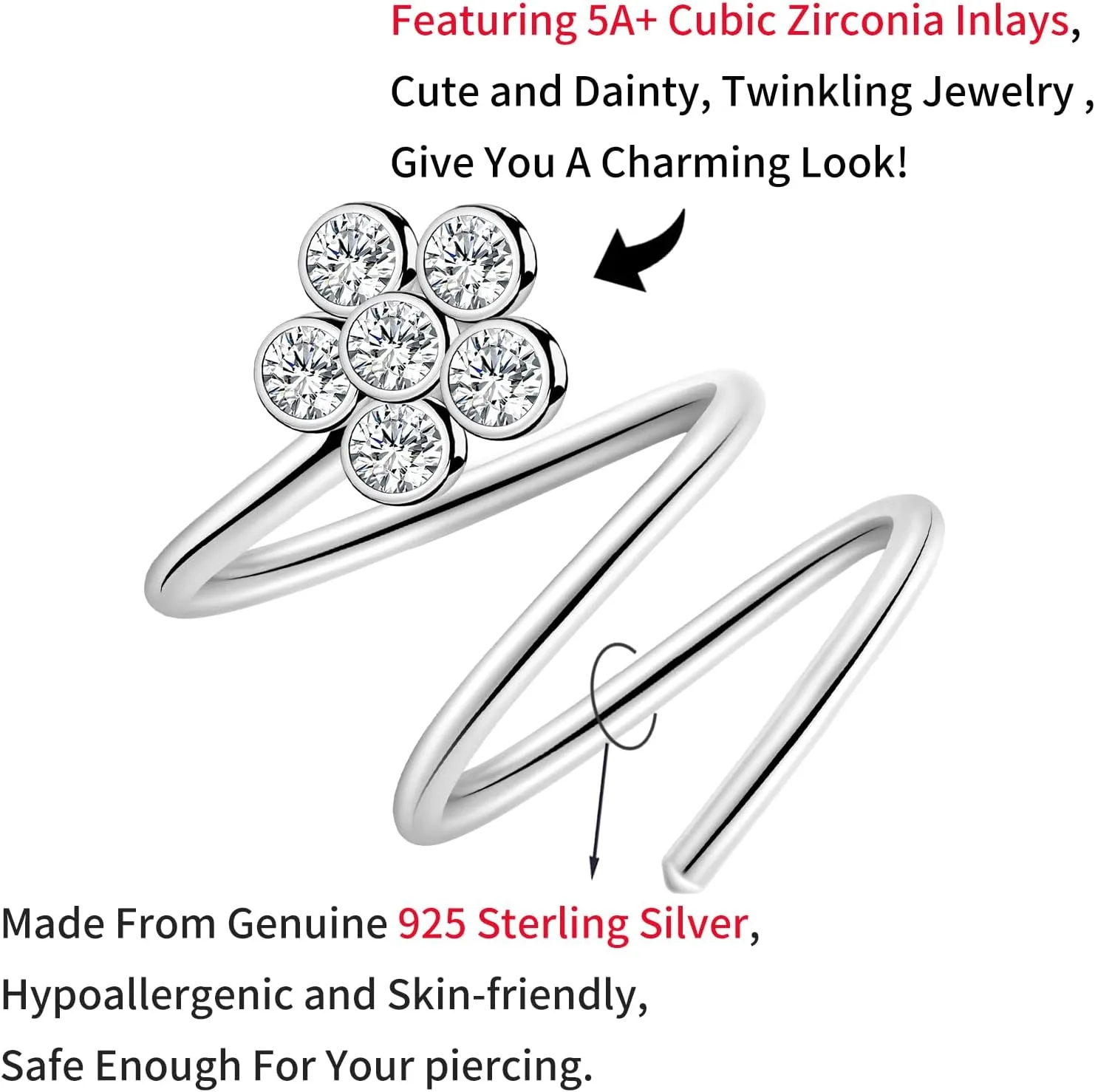 925 Sterling Silver Double Hoop Nose Ring for Single Piercing Spiral Nose Ring, 20 Gauge Snug Double Nose Piercing, Thin Nose Piercing Hoops for Men and Women, 7mm Diameter