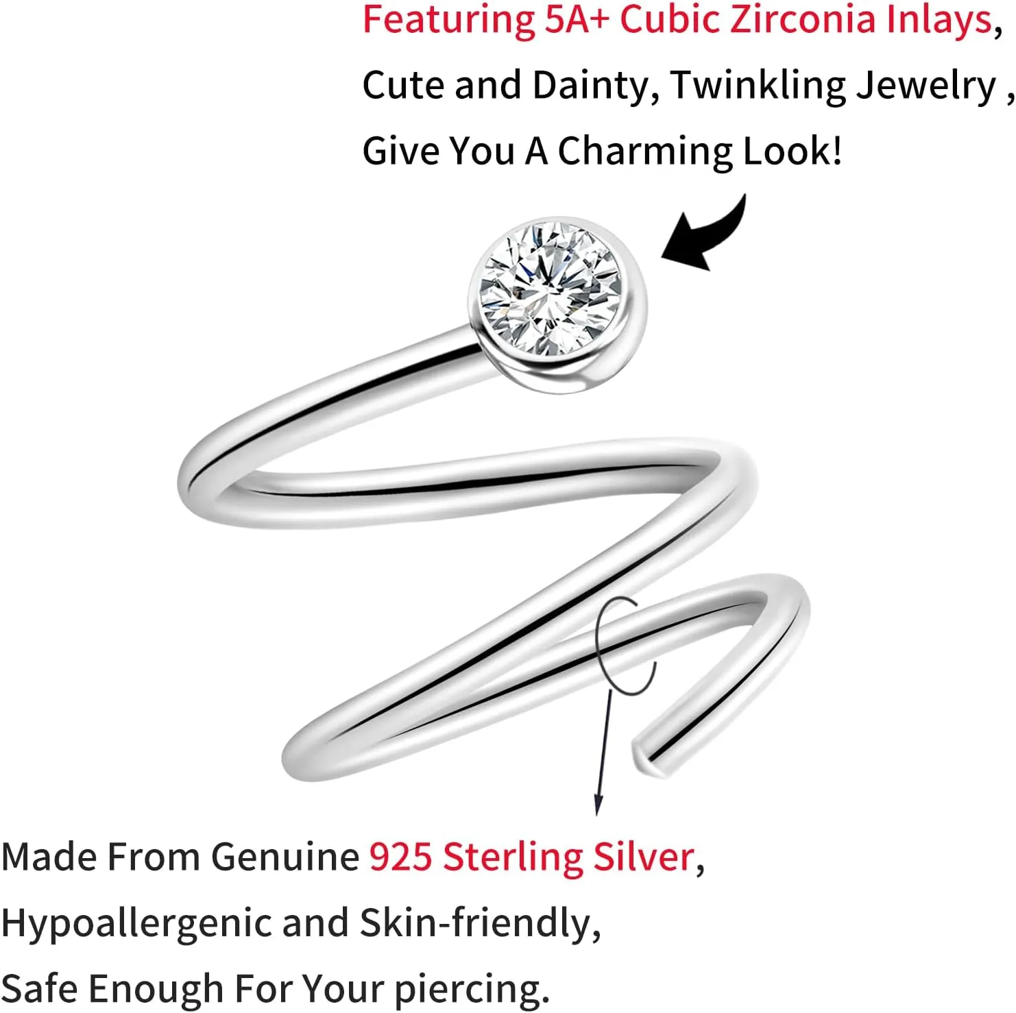 925 Sterling Silver Double Hoop Nose Ring for Single Piercing Spiral Nose Ring, 20 Gauge Snug Double Nose Piercing, Thin Nose Piercing Hoops for Men and Women, 7mm Diameter