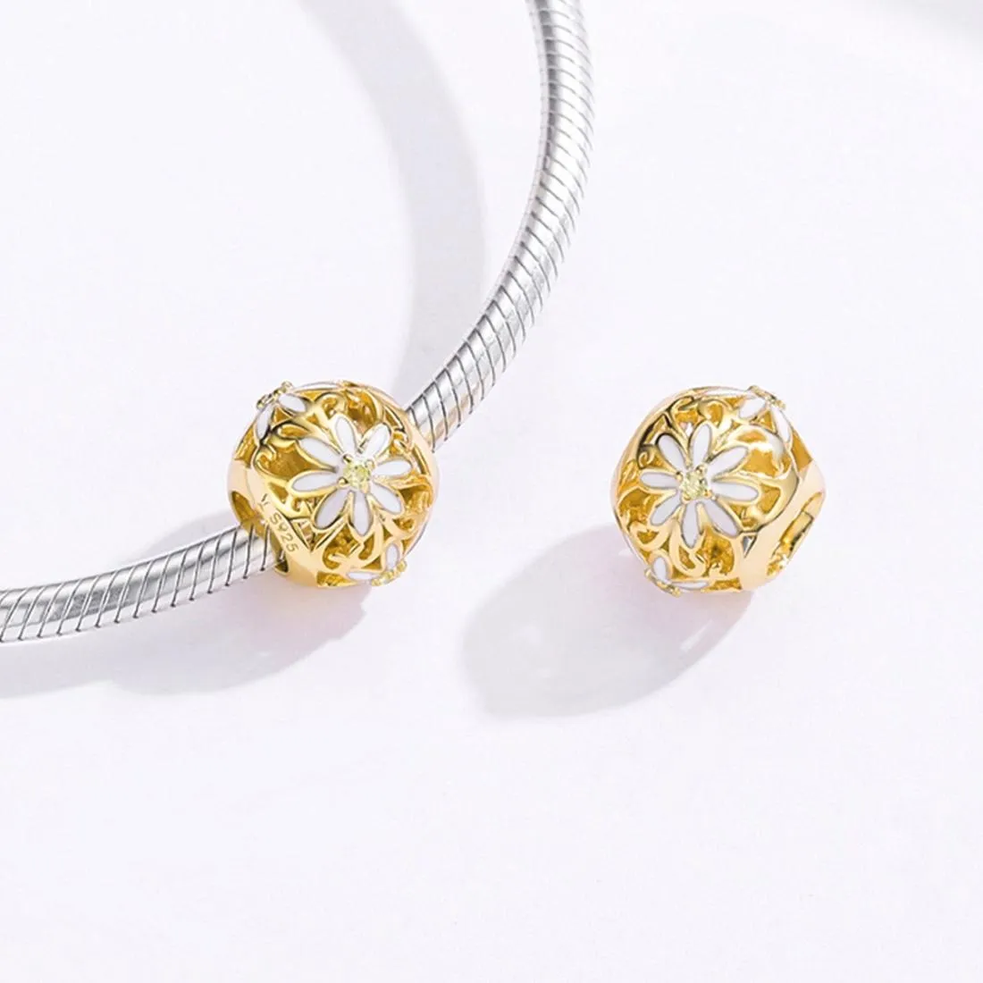 925 Sterling Silver Golden Daisy Beaded Bracelet Charms