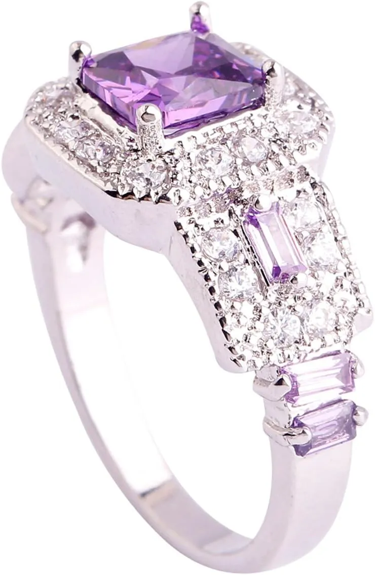 925 Sterling Silver Plated Created Amethyst Halo Brilliant Women Men Statement Ring