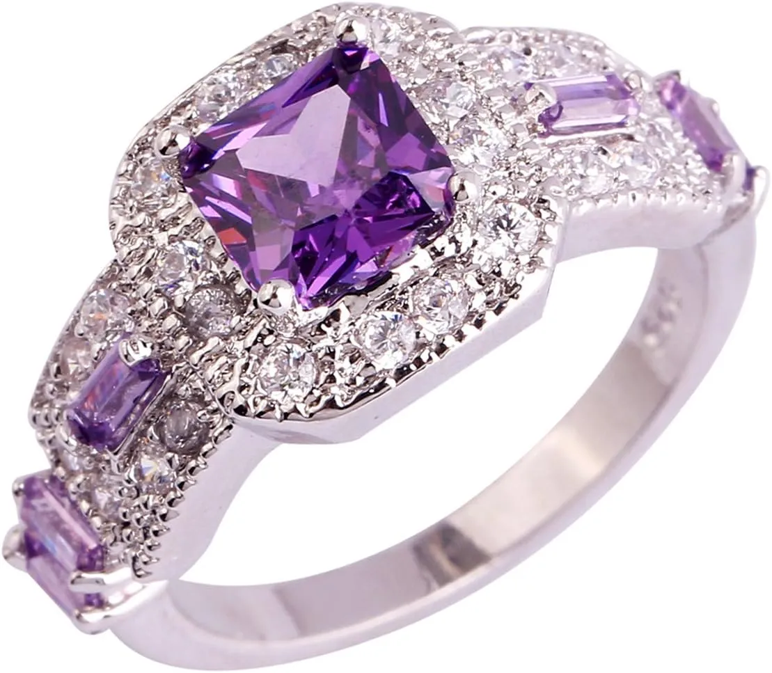 925 Sterling Silver Plated Created Amethyst Halo Brilliant Women Men Statement Ring