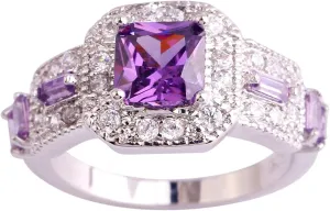 925 Sterling Silver Plated Created Amethyst Halo Brilliant Women Men Statement Ring
