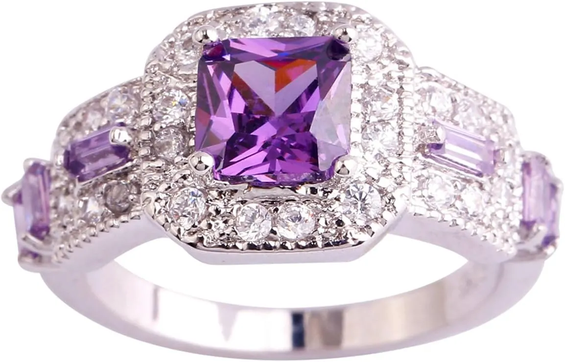 925 Sterling Silver Plated Created Amethyst Halo Brilliant Women Men Statement Ring