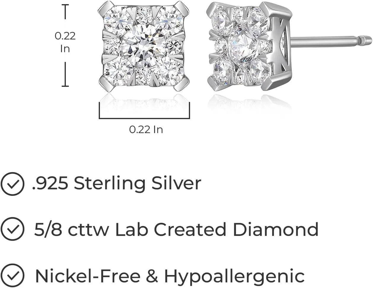 .925 Sterling Silver Rhodium Plated 5/8 or 3/8 CTTW Lab Created Diamonds Heart, Square, or Round Cluster Stud Earrings for Women - Hypoallergenic Sterling Silver Earrings for Women