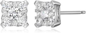 .925 Sterling Silver Rhodium Plated 5/8 or 3/8 CTTW Lab Created Diamonds Heart, Square, or Round Cluster Stud Earrings for Women - Hypoallergenic Sterling Silver Earrings for Women