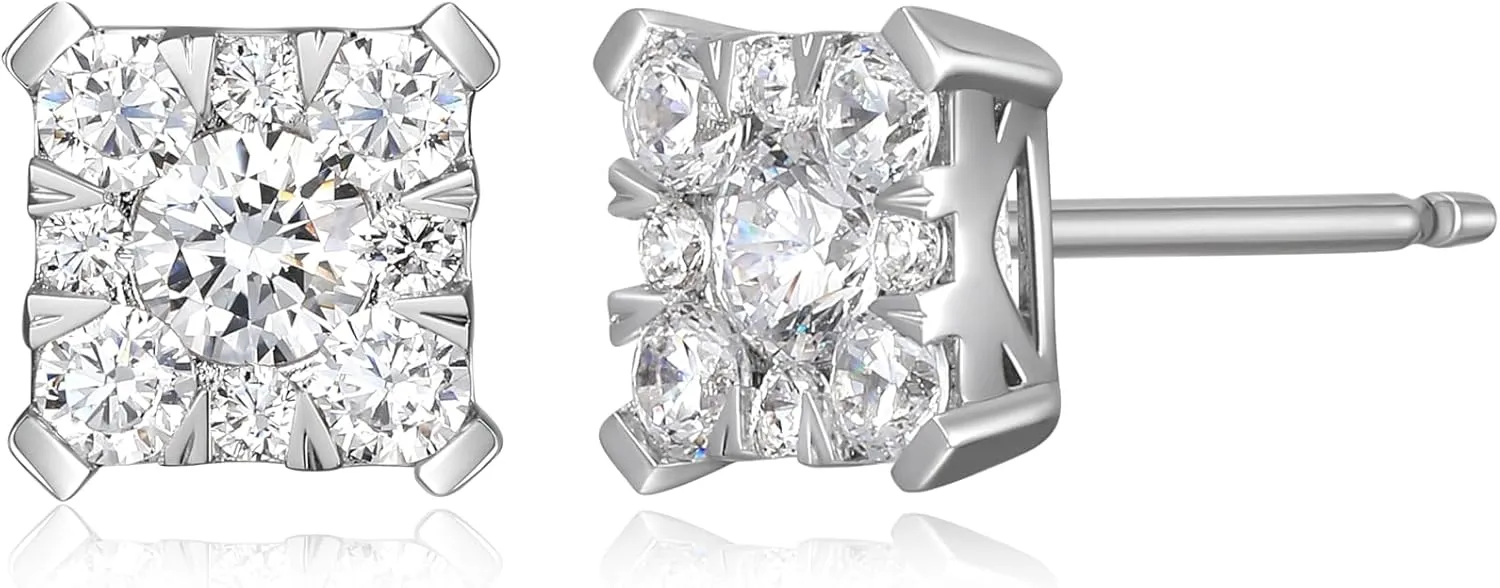 .925 Sterling Silver Rhodium Plated 5/8 or 3/8 CTTW Lab Created Diamonds Heart, Square, or Round Cluster Stud Earrings for Women - Hypoallergenic Sterling Silver Earrings for Women