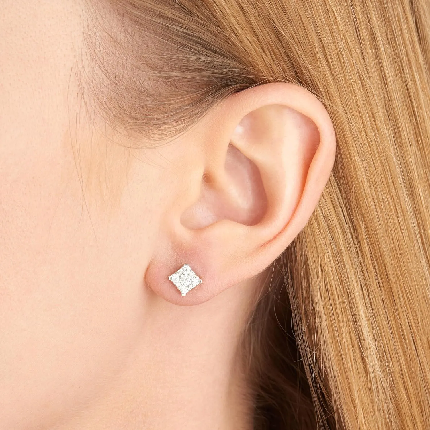 .925 Sterling Silver Rhodium Plated 5/8 or 3/8 CTTW Lab Created Diamonds Heart, Square, or Round Cluster Stud Earrings for Women - Hypoallergenic Sterling Silver Earrings for Women