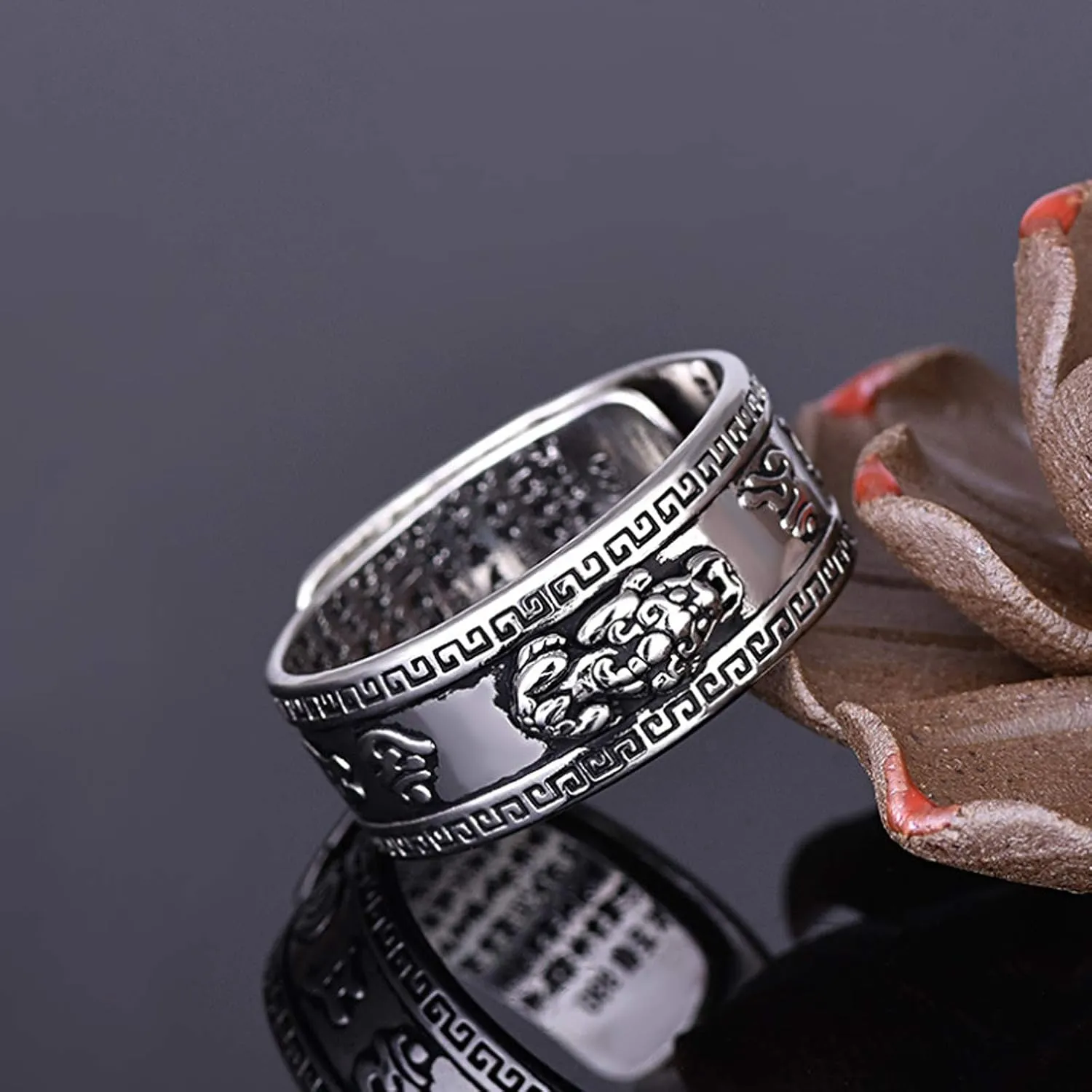 990 Silver Feng Shui PiXiu Adjustable Ring MANI Mantra Protection Wealth Ring
