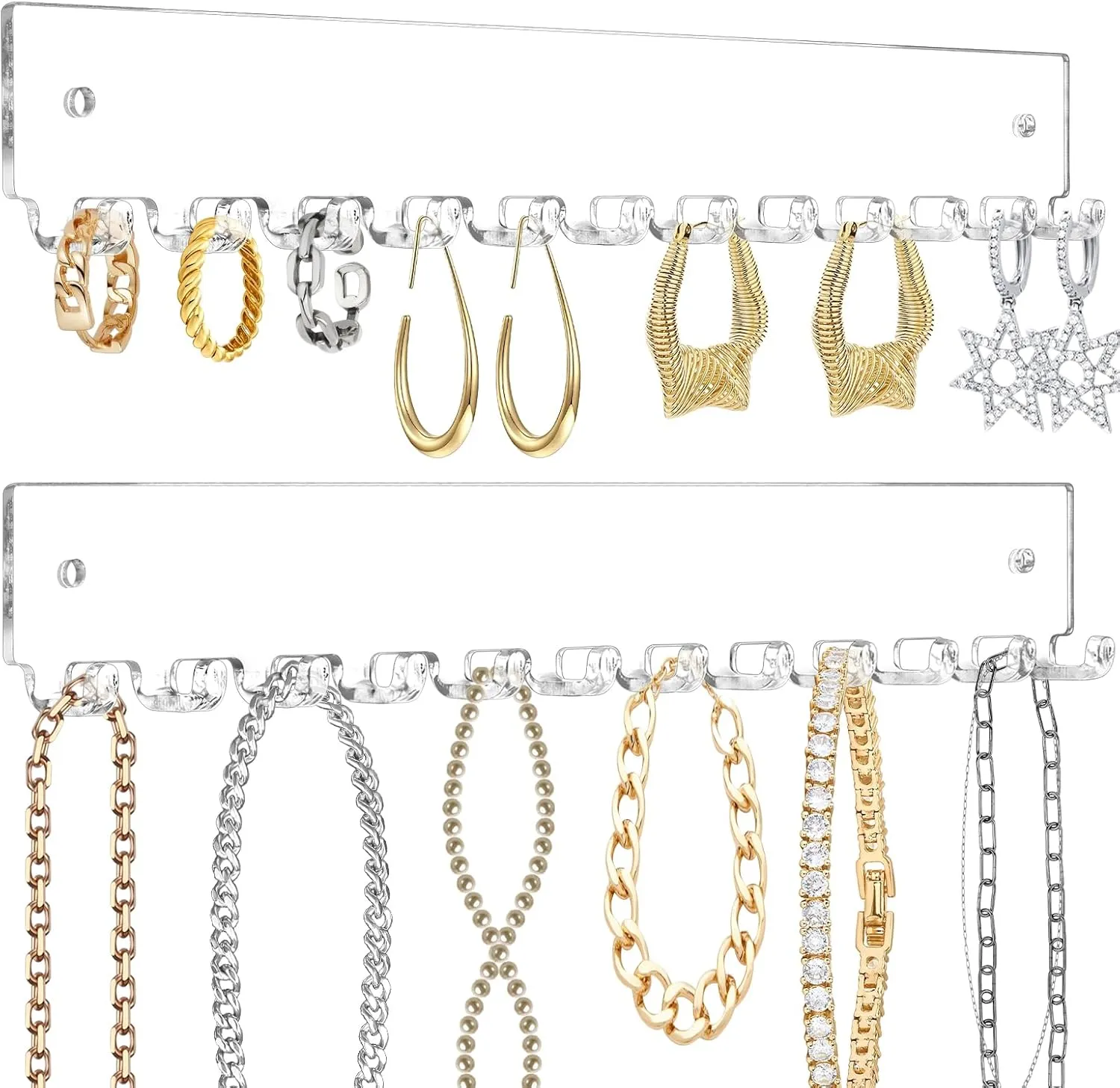 Acrylic Necklace Holder Hanging Necklace Organizer Wall Mounted Jewelry Organizer with 12 Hooks for Necklaces, Bracelets, Rings and Bangles Display Clear