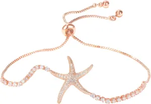 Adjustable Bolo Bracelets Women Cubic Zirconia Starfish Bracelet Rose Gold Tone