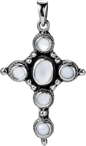 AeraVida Refined Classy White Mother of Pearl Inlay Circle of Faith Cross Unisex .925 Sterling Silver Pendant | Elegant Religious Necklace | Unique Faith-Inspired Silver Jewelry