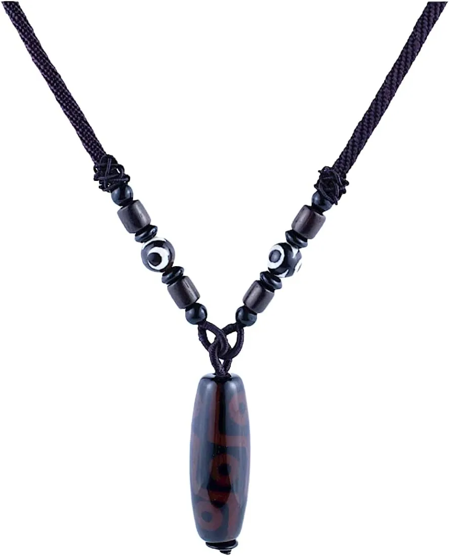 Agate Stone Pendant Necklace, Tibetan Buddhist beads27.5 Inch Woven Rope Chain, Brown, 1.57 Inch Bead