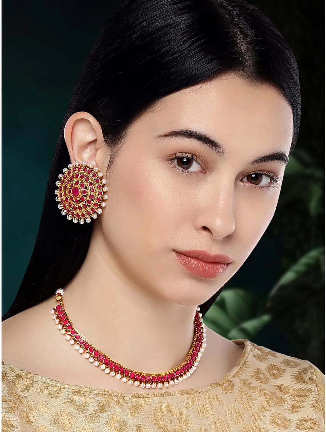 Aheli Bollywood Fashion Faux Stone Wedding Necklace Big Earrings Indian Fashion Jewelry Set Gift for Women