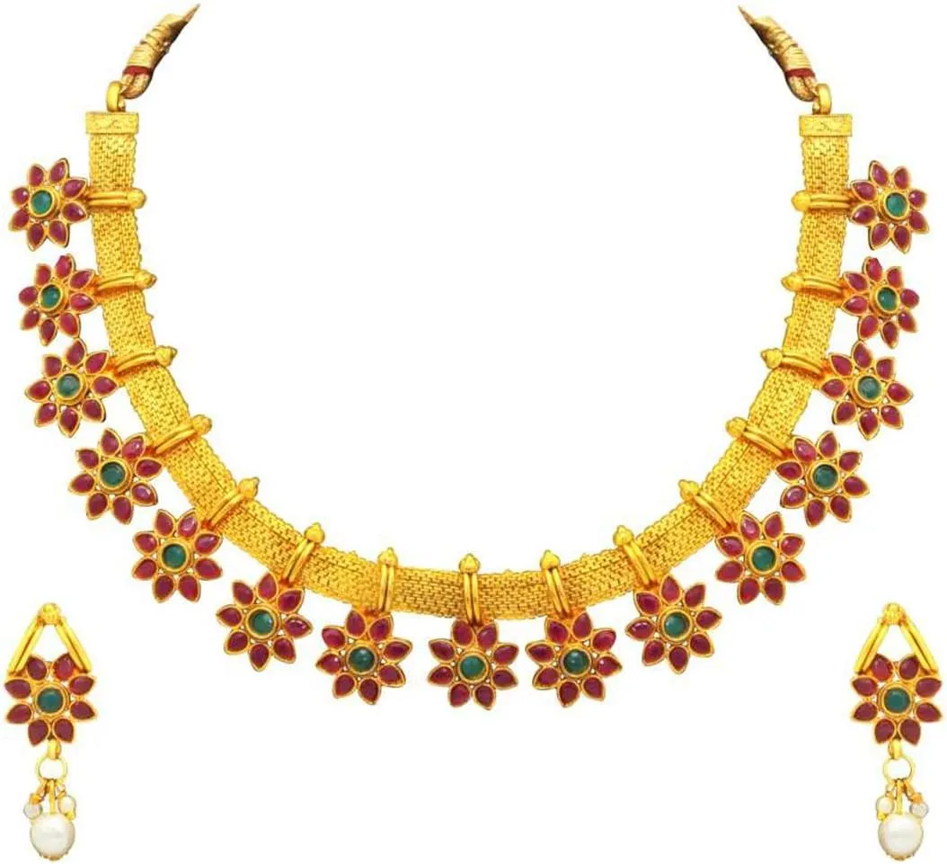 Aheli Bollywood Flower Shape Faux Stone Wedding Necklace Earrings Indian Fashion Jewelry Set Gift for Women