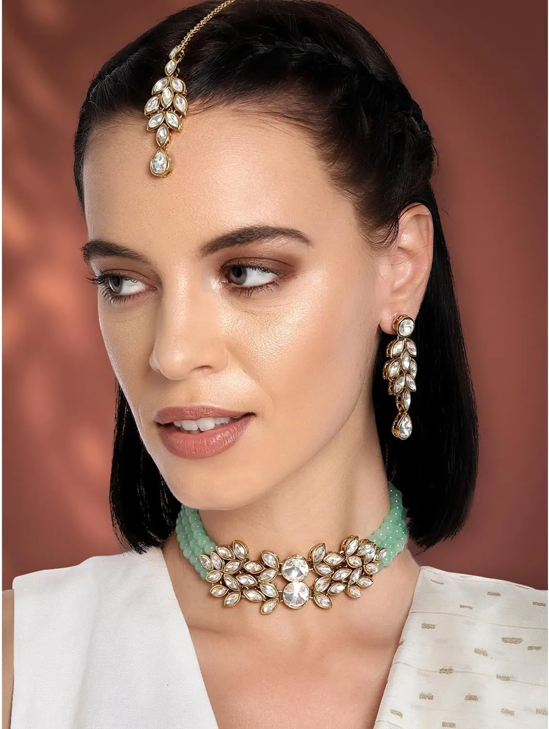 Aheli Bridal Crystal Pearl Choker Necklace with Drop Earrings Indian Traditional Bollywood Jewelry Set Gift for Women