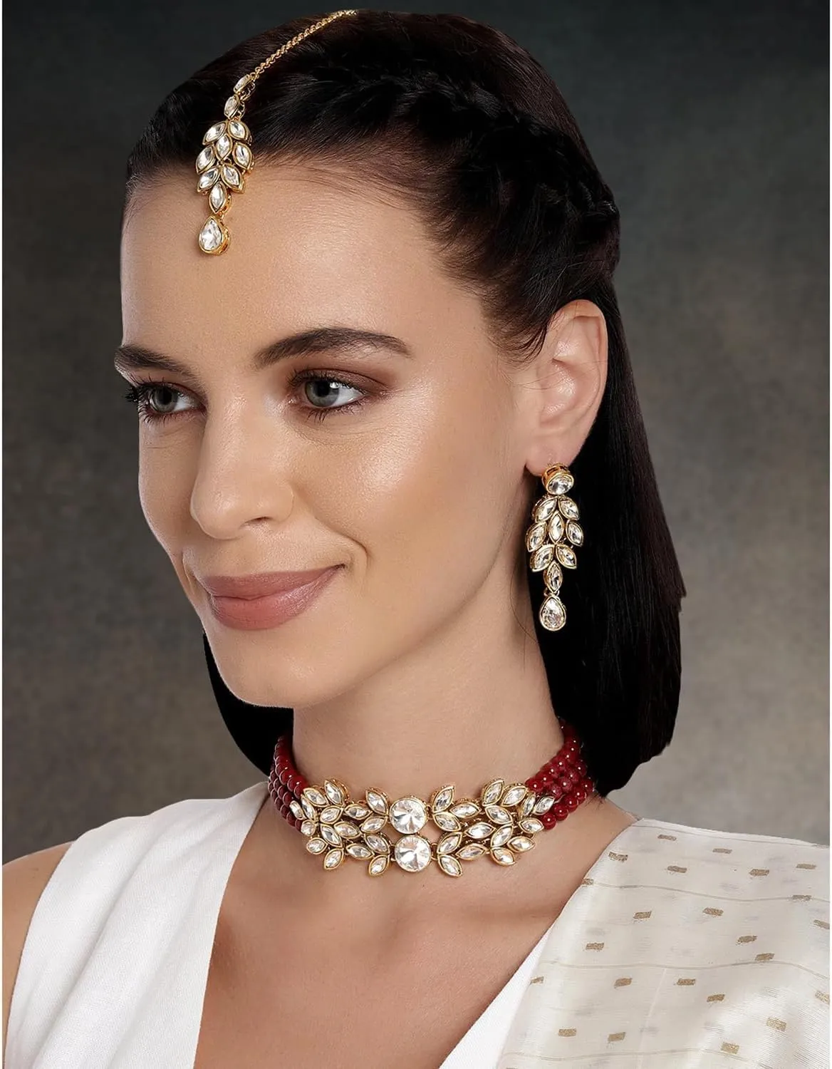 Aheli Bridal Crystal Pearl Choker Necklace with Drop Earrings Indian Traditional Bollywood Jewelry Set Gift for Women