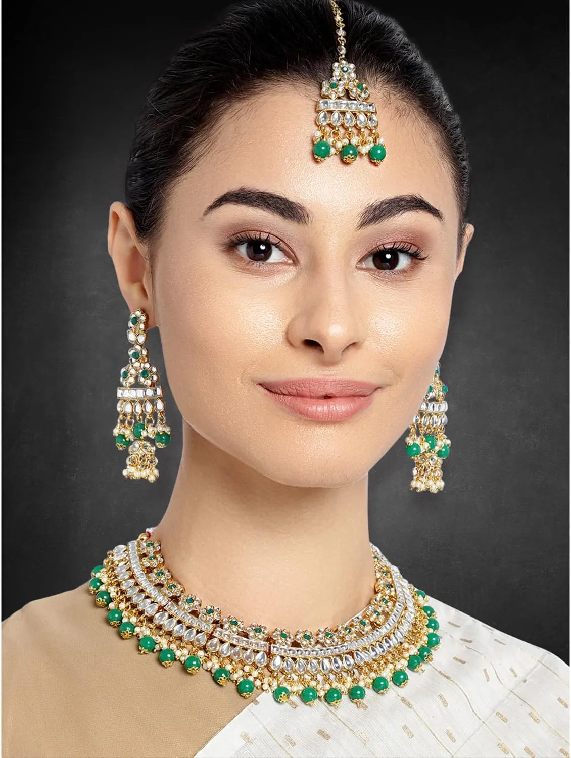 Aheli Bridal Kundan Faux Pearl Choker Necklace with Earrings Maang Tikka Gift for Women Indian Traditional Bollywood Fashion Jewelry Set