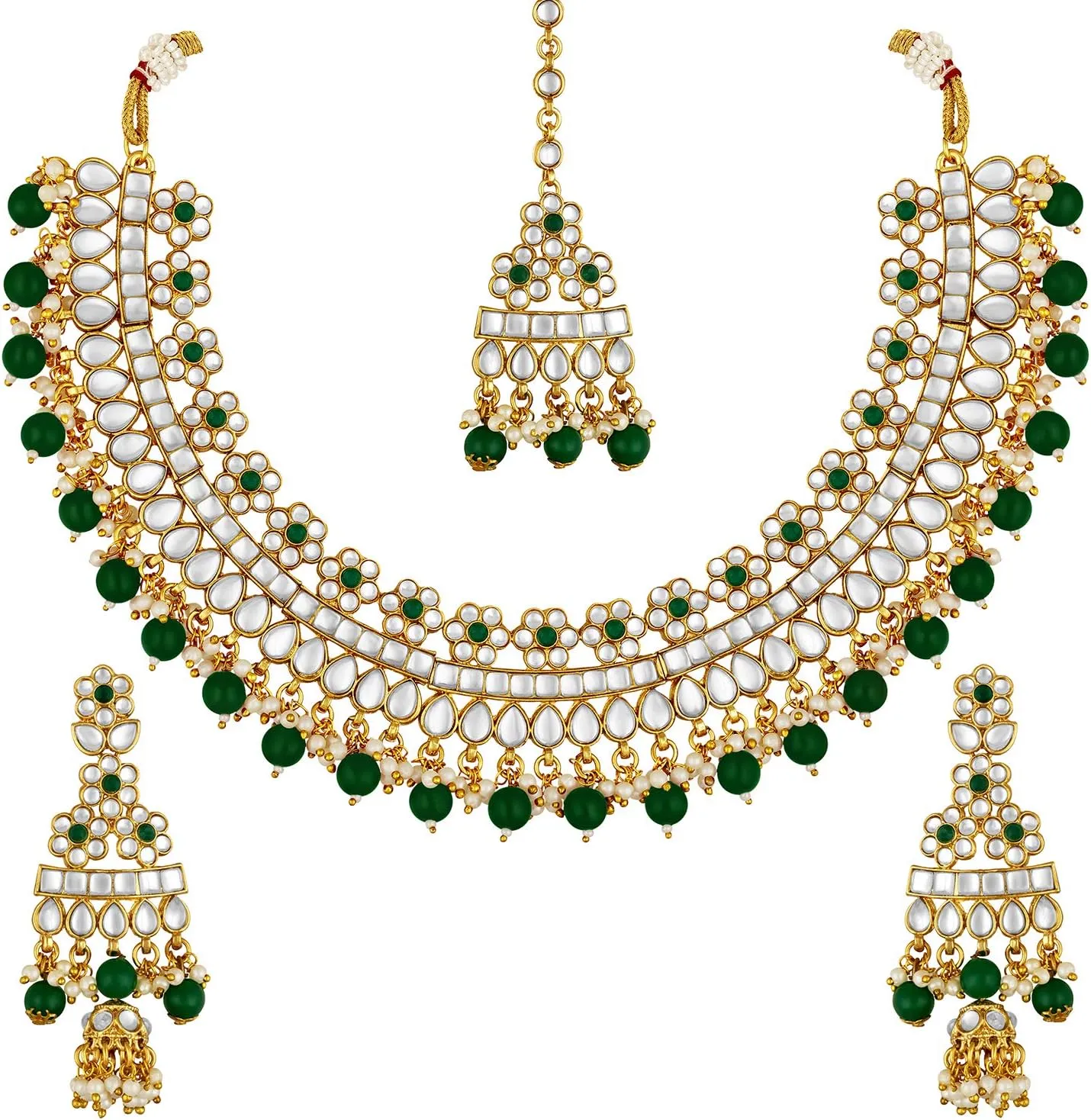 Aheli Bridal Kundan Faux Pearl Choker Necklace with Earrings Maang Tikka Gift for Women Indian Traditional Bollywood Fashion Jewelry Set