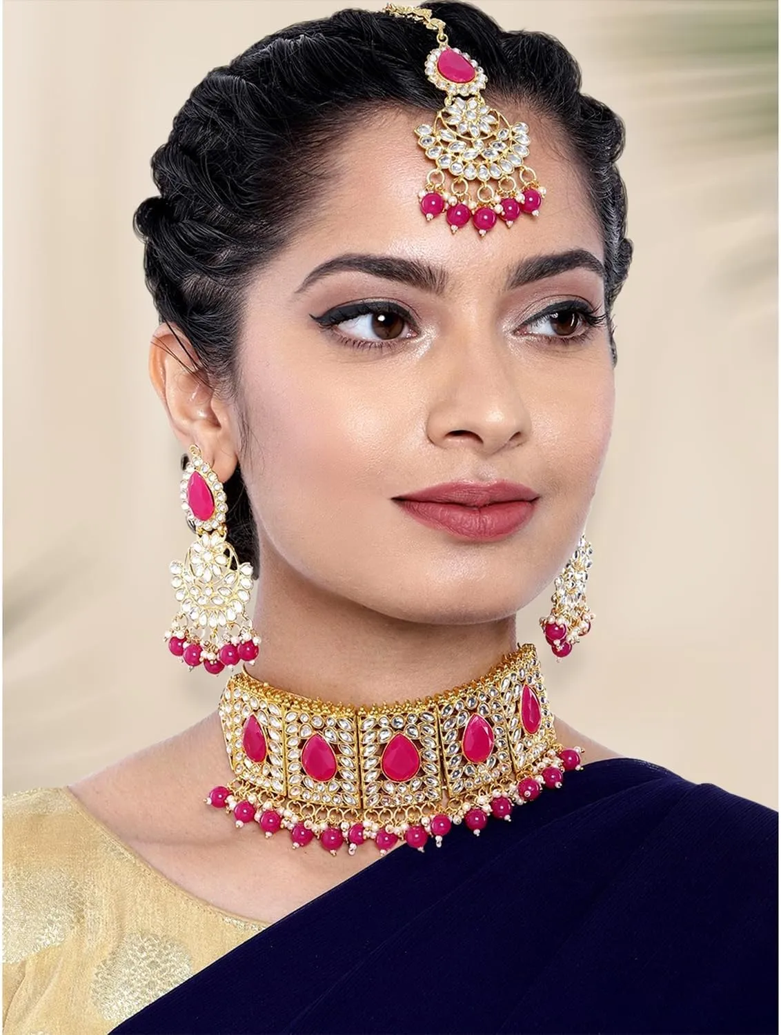 Aheli Bridal Kundan Faux Pearl Choker Necklace with Earrings Maang Tikka Gift for Women Indian Traditional Bollywood Fashion Jewelry Set