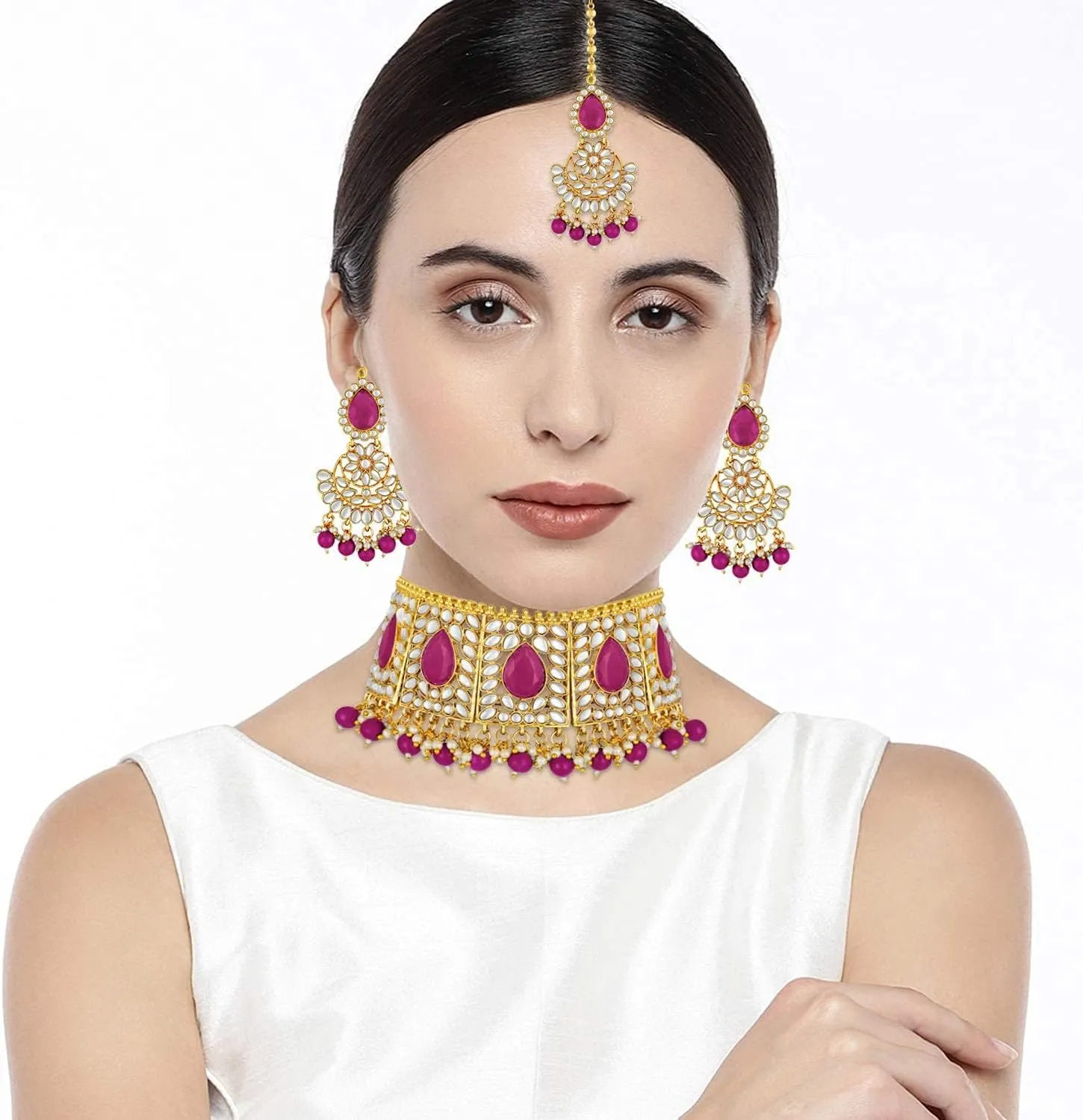Aheli Bridal Kundan Faux Pearl Choker Necklace with Earrings Maang Tikka Gift for Women Indian Traditional Bollywood Fashion Jewelry Set