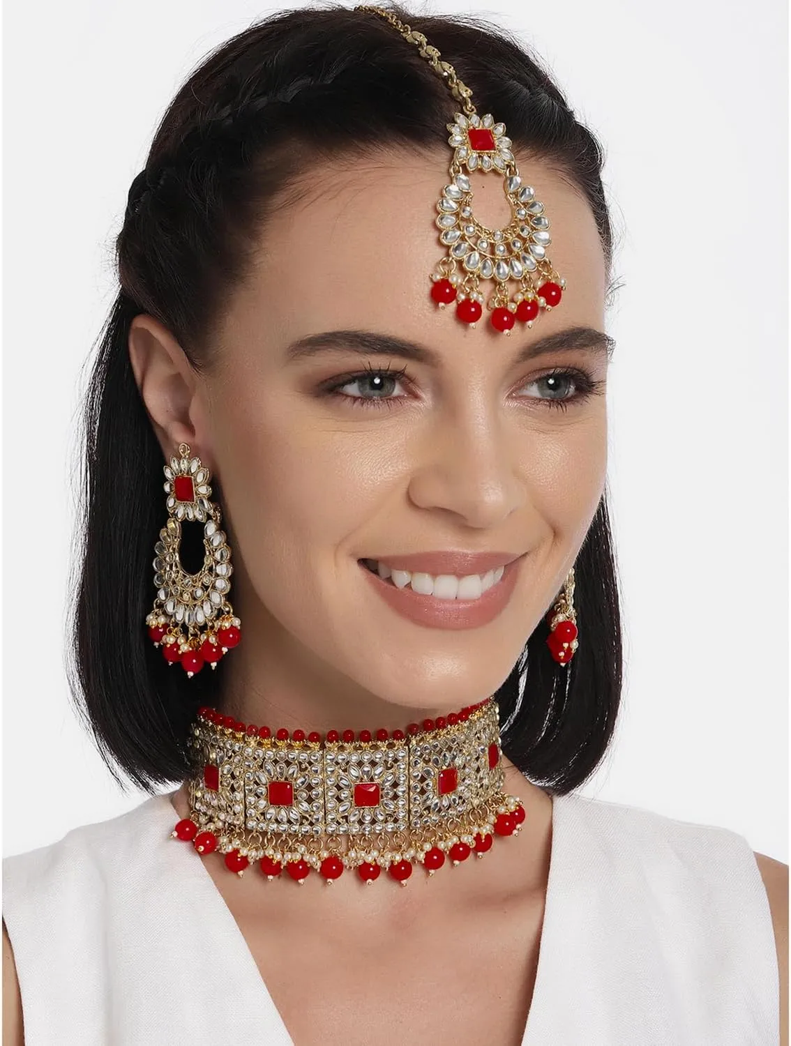 Aheli Bridal Kundan Faux Pearl Choker Necklace with Earrings Maang Tikka Gift for Women Indian Traditional Bollywood Fashion Jewelry Set