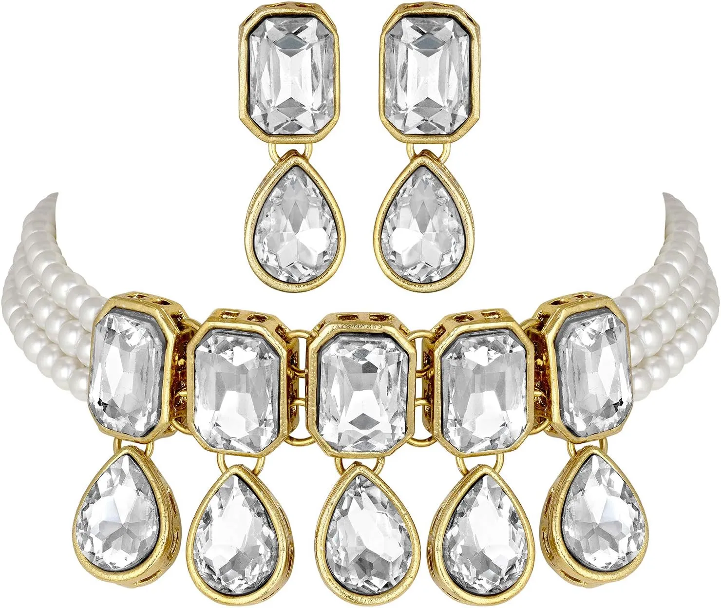 Aheli Crystal Pearl Ethnic Bridal Choker Necklace with Earrings Indian Traditional Bollywood Jewelry Set Gift for Women