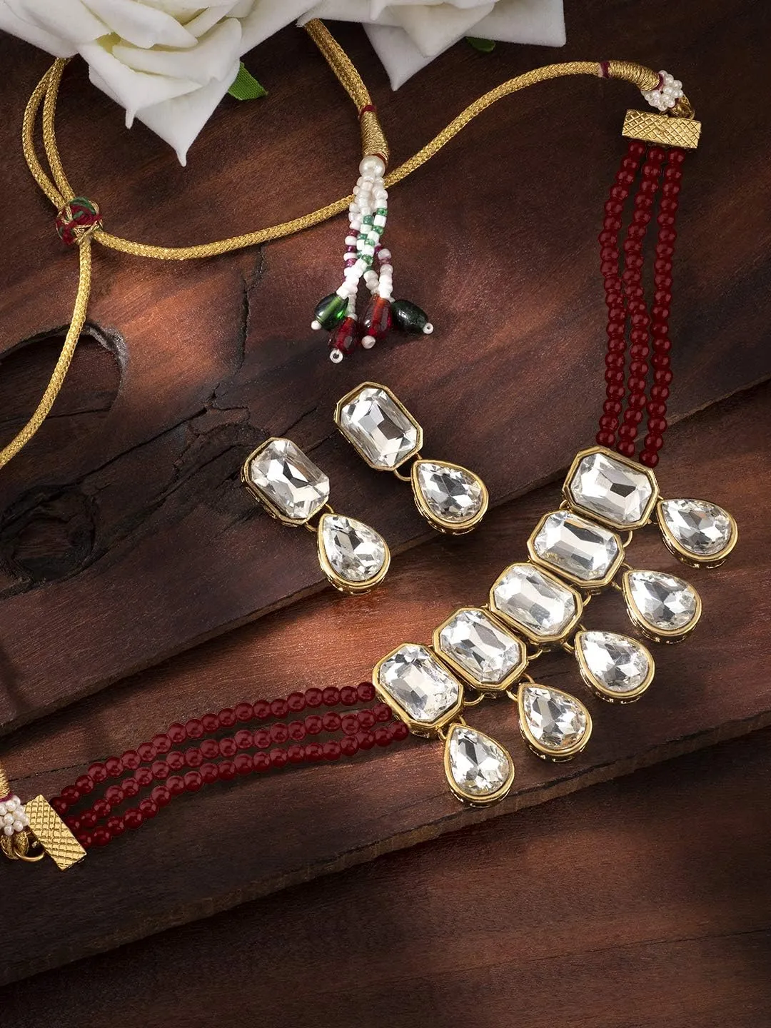 Aheli Crystal Pearl Ethnic Bridal Choker Necklace with Earrings Indian Traditional Bollywood Jewelry Set Gift for Women