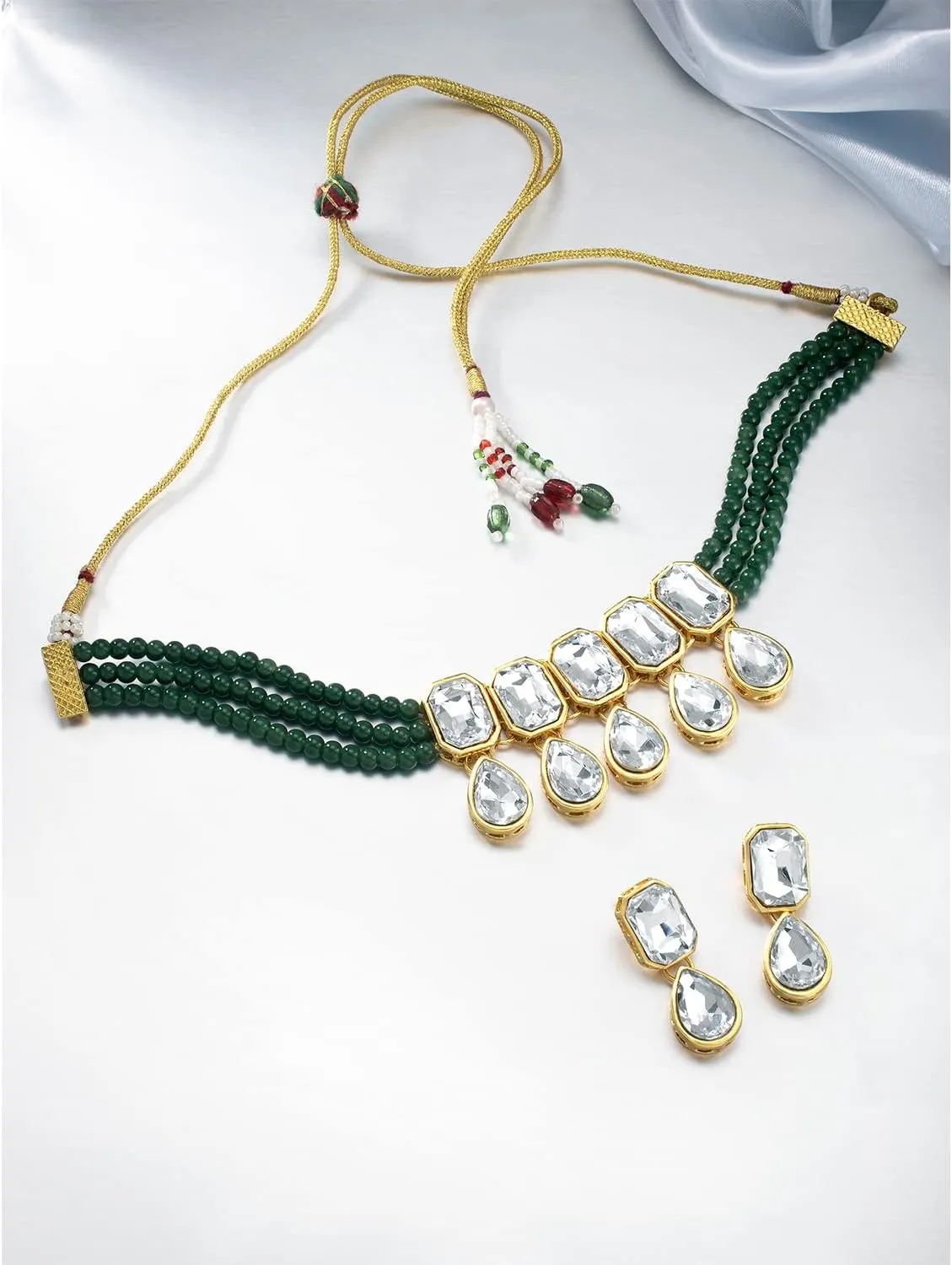 Aheli Crystal Pearl Ethnic Bridal Choker Necklace with Earrings Indian Traditional Bollywood Jewelry Set Gift for Women