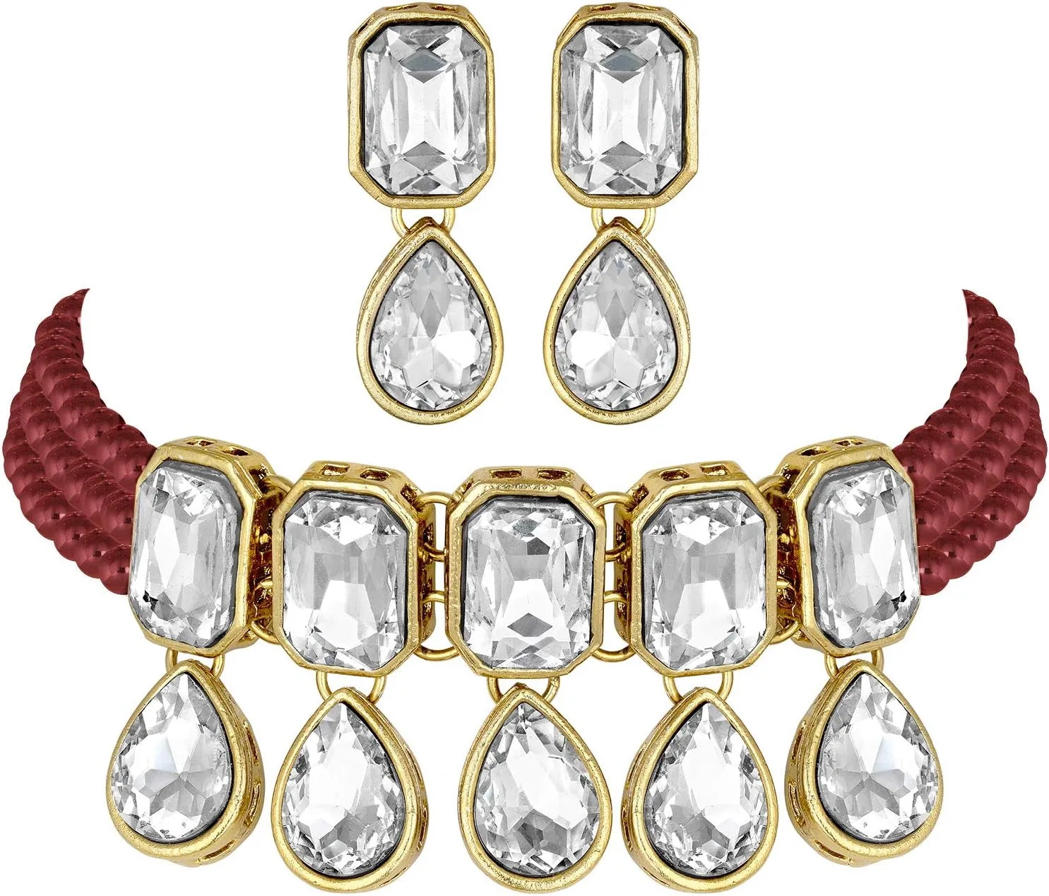 Aheli Crystal Pearl Ethnic Bridal Choker Necklace with Earrings Indian Traditional Bollywood Jewelry Set Gift for Women