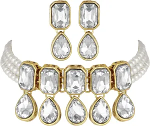 Aheli Crystal Pearl Ethnic Bridal Choker Necklace with Earrings Indian Traditional Bollywood Jewelry Set Gift for Women