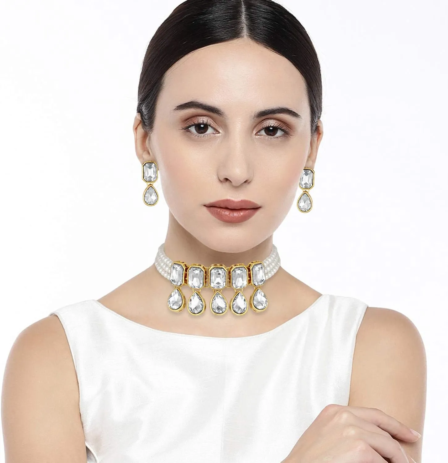 Aheli Crystal Pearl Ethnic Bridal Choker Necklace with Earrings Indian Traditional Bollywood Jewelry Set Gift for Women