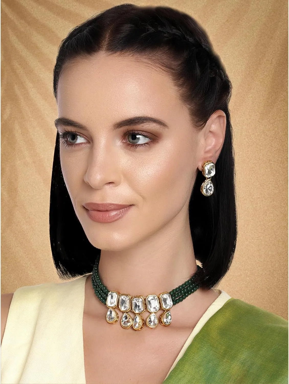 Aheli Crystal Pearl Ethnic Bridal Choker Necklace with Earrings Indian Traditional Bollywood Jewelry Set Gift for Women