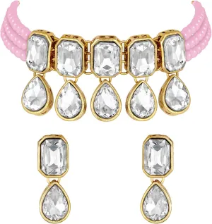 Aheli Crystal Pearl Ethnic Bridal Choker Necklace with Earrings Indian Traditional Bollywood Jewelry Set Gift for Women