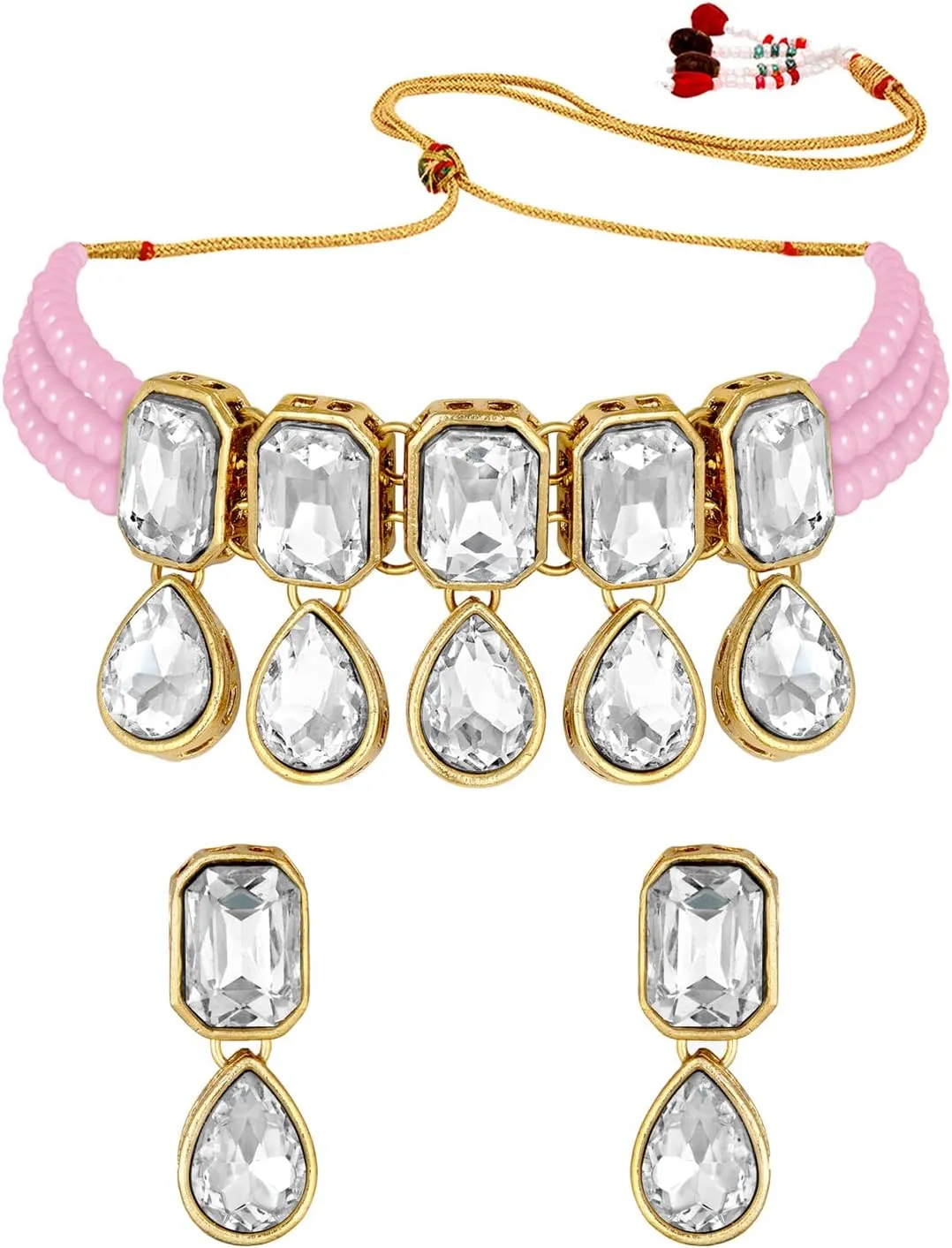 Aheli Crystal Pearl Ethnic Bridal Choker Necklace with Earrings Indian Traditional Bollywood Jewelry Set Gift for Women