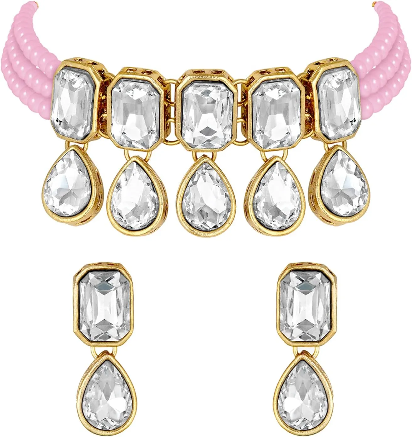 Aheli Crystal Pearl Ethnic Bridal Choker Necklace with Earrings Indian Traditional Bollywood Jewelry Set Gift for Women