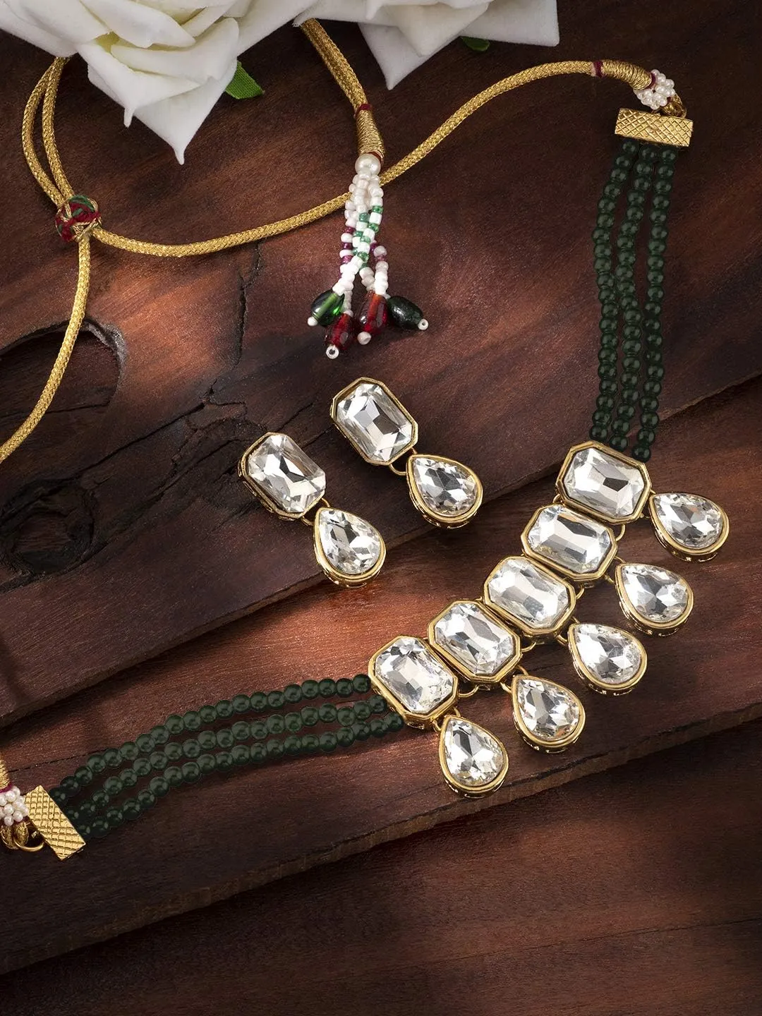 Aheli Crystal Pearl Ethnic Bridal Choker Necklace with Earrings Indian Traditional Bollywood Jewelry Set Gift for Women